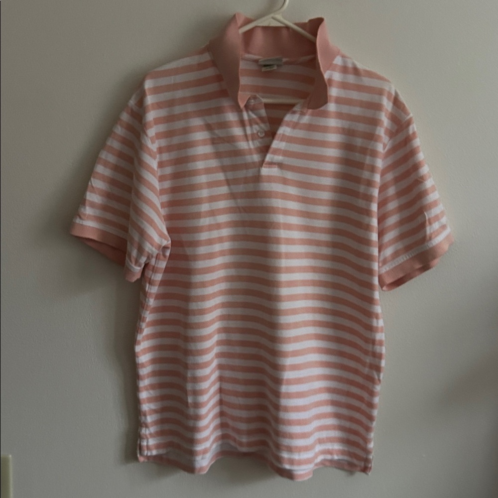 L.L. Bean Men Peach/White Striped 100% Cotton Polo Short Sleeve  L-Reg Shirt